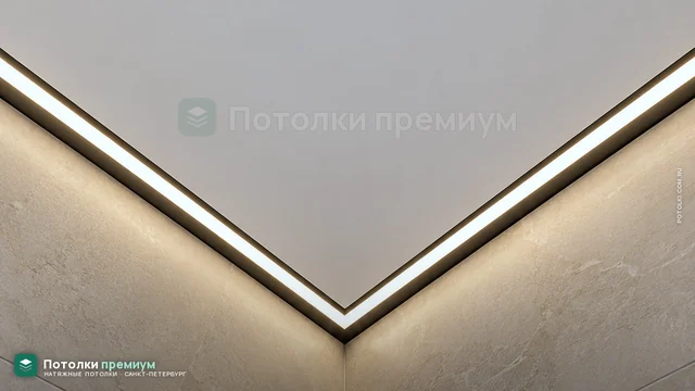 Две световые линии сходятся в углу потолка санузла под 45 градусов