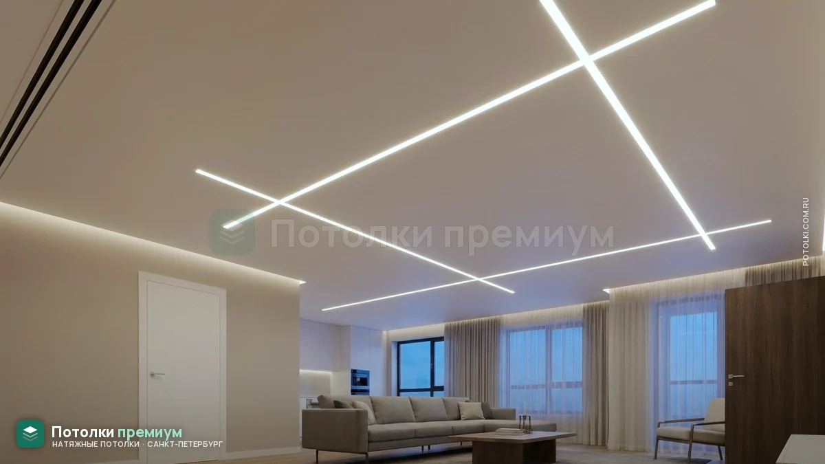 Гостиная с пересекающимися световыми линиями в натяжном потолке