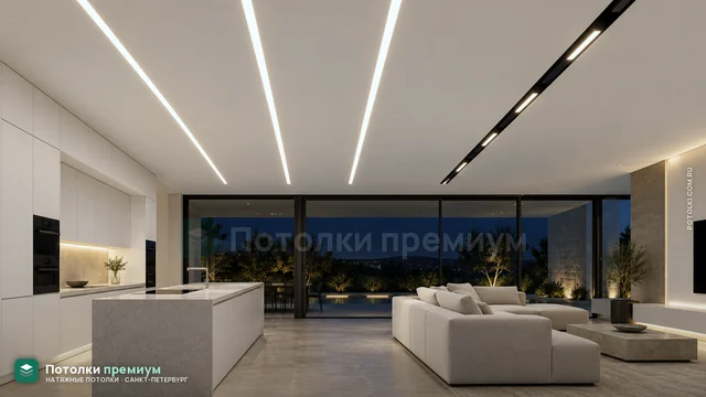Световые линии и магнитный трек в потолке кухни-гостиной