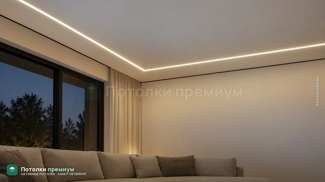 Теневой натяжной потолок с Г-образной световой линией вдоль двух стен