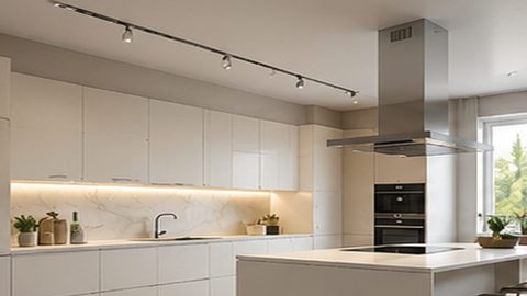 Белый натяжной потолок с трековыми светильниками на кухне